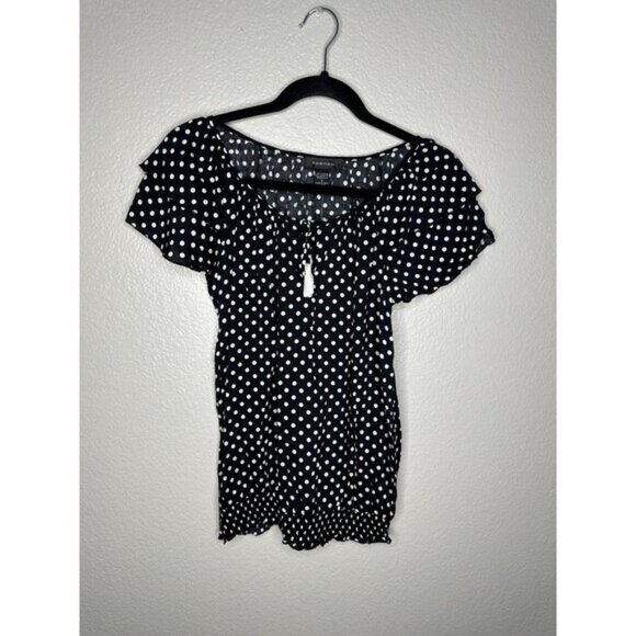 Sponse Shirt Womens Small Black White Polka Dot Flutter Sleeve Elastic Hem Top - Picture 1 of 7